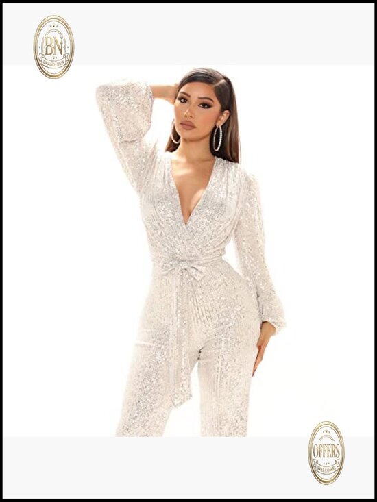 Long Sleeve V-Neck Sequin Jumpsuit with Wide Leg Pant Design - Picture 2 of 3